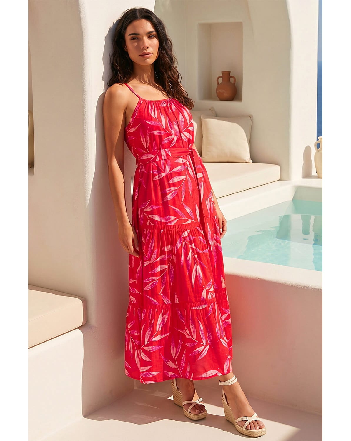 New In - Roman Floral Print Belted Strappy Dress