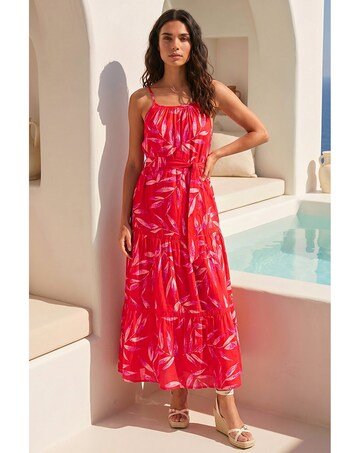 Roman Floral Print Belted Strappy Dress