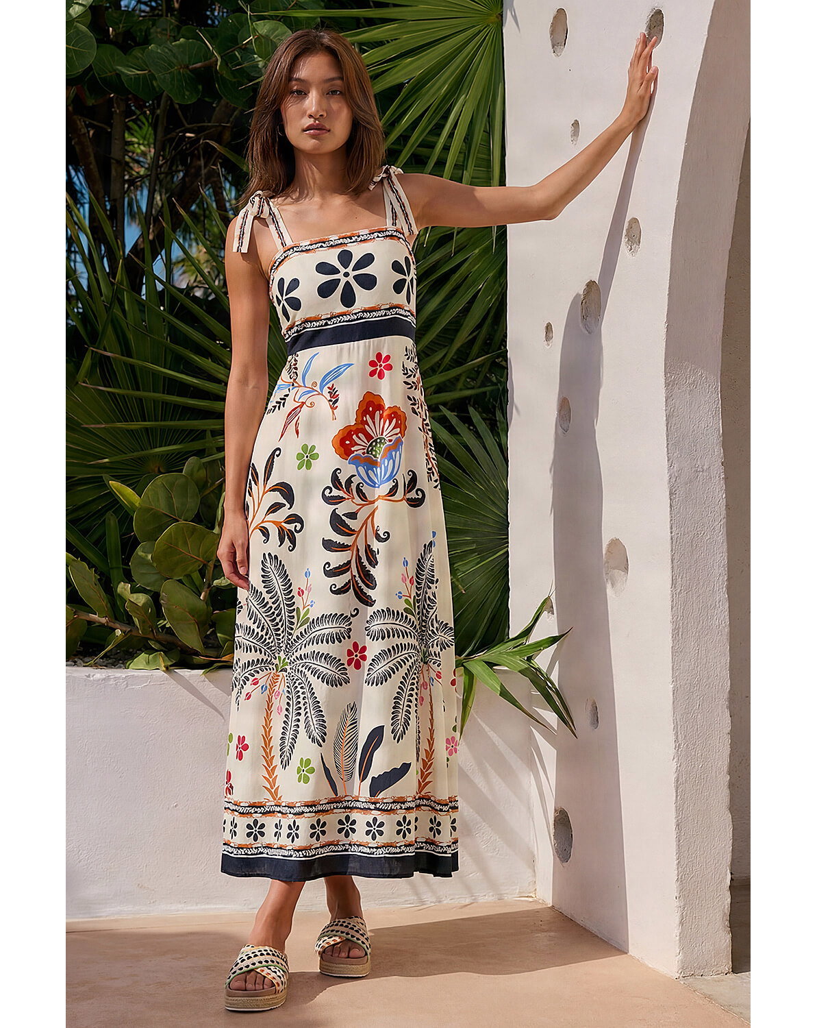 New In - Roman Floral Palm Strappy Midi Dress