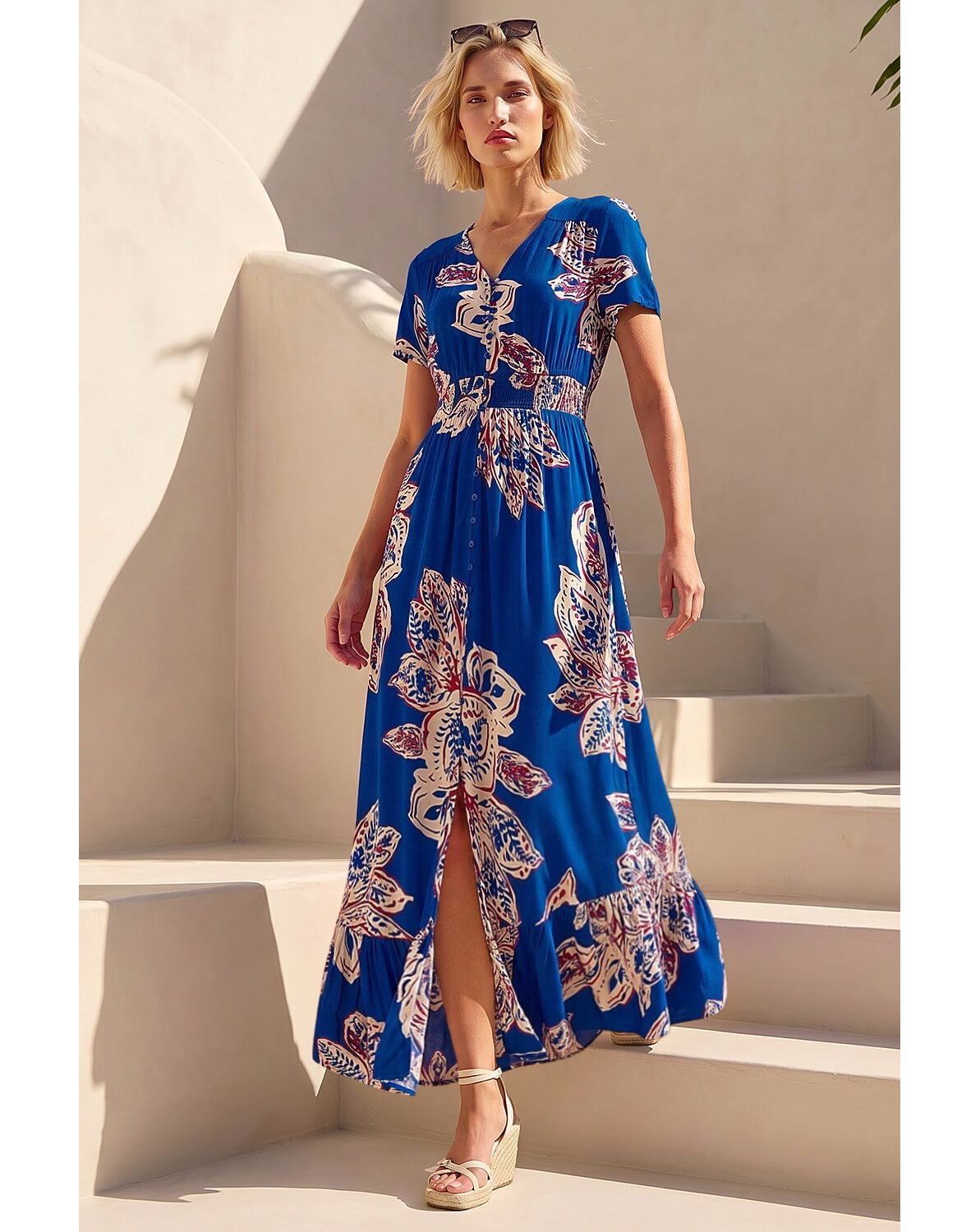 New In - Roman Leaf Print Shirred Maxi Dress