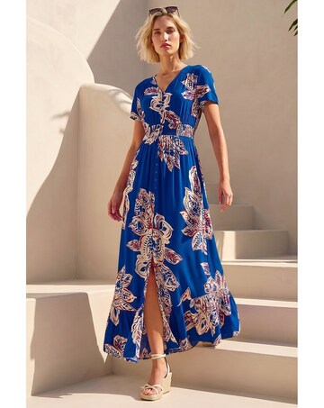 Roman Leaf Print Shirred Maxi Dress