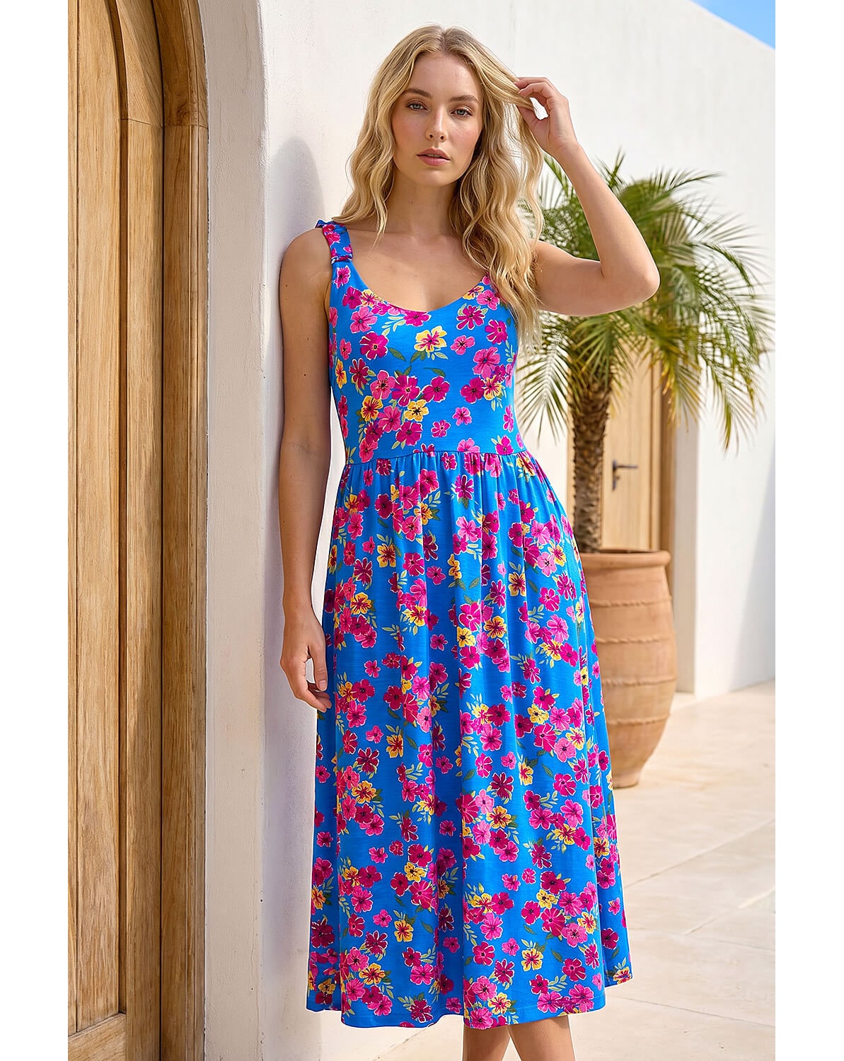 New In - Roman Floral Shirred Strap Midi Dress