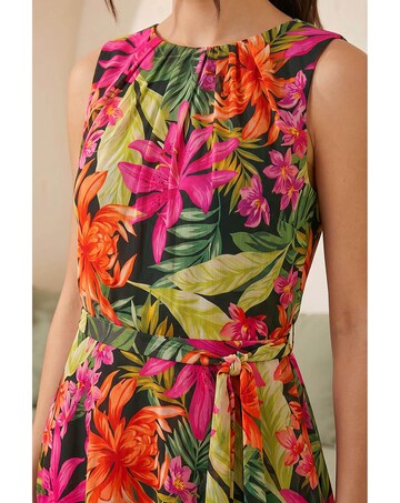 Roman Leaf Chiffon Pleat Neck Midi Dress