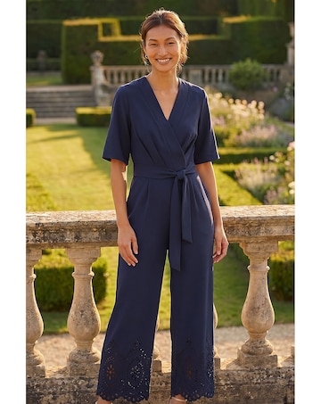 Roman Laser Cut Hem Wrap Front Jumpsuit