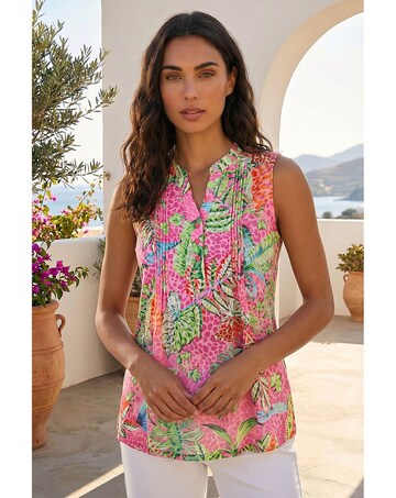 Roman Tropical Leaf Print Pintuck Top