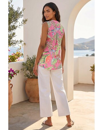Roman Tropical Leaf Print Pintuck Top