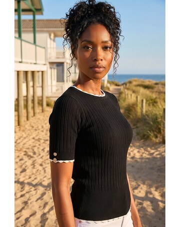 Roman Button Detail Ribbed Knit Top