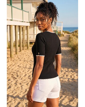Roman Button Detail Ribbed Knit Top