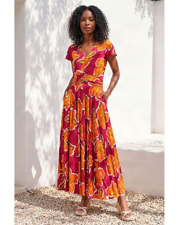 Roman Floral Print Ruched Midi Dress
