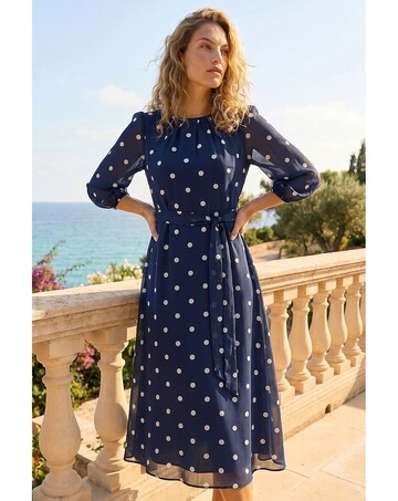 Roman Polka Chiffon Pleated Midi Dress
