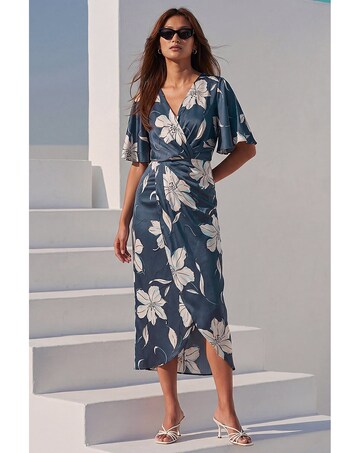 Roman Floral Print Wrap Twist Dress
