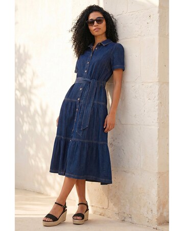 Roman Denim Tiered Cotton Midi Dress