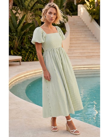 Roman Stripe Puff Sleeve Midi Dress