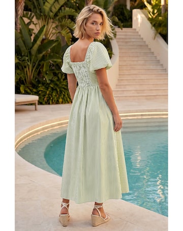 Roman Stripe Puff Sleeve Midi Dress