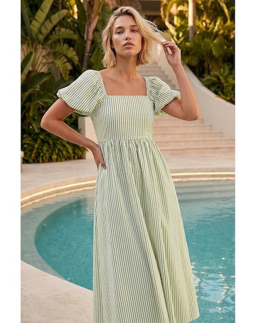 Roman Stripe Puff Sleeve Midi Dress