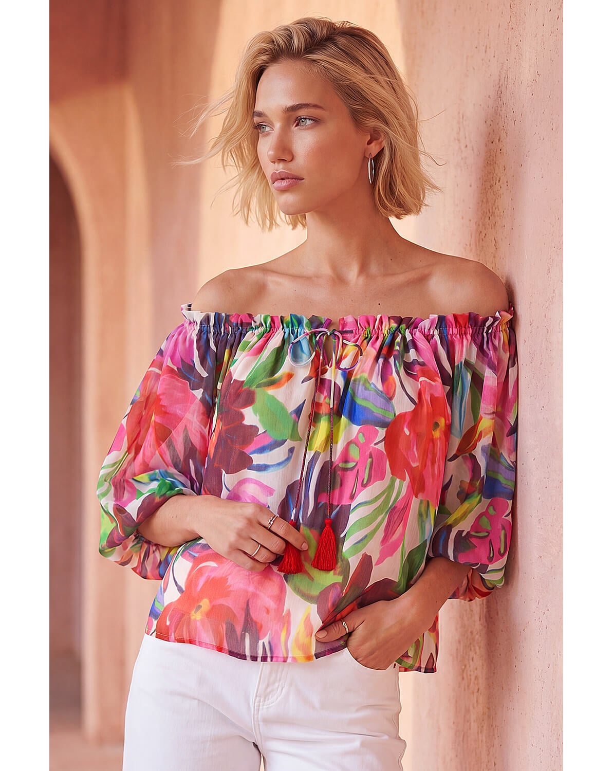 New In - Roman Floral Print Tie Front Bardot Top