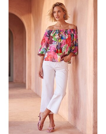 Roman Floral Print Tie Front Bardot Top