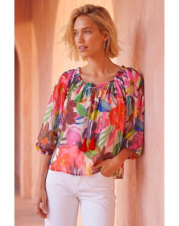 Roman Floral Print Tie Front Bardot Top