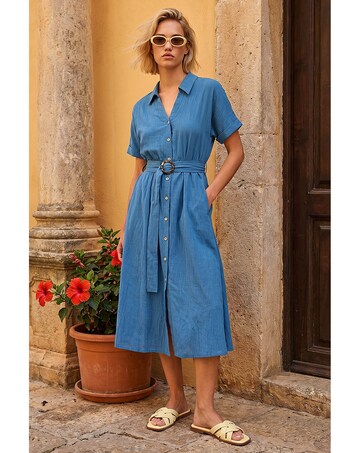 Roman Linen Look Belted Shirt Dress