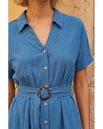 Roman Linen Look Belted Shirt Dress