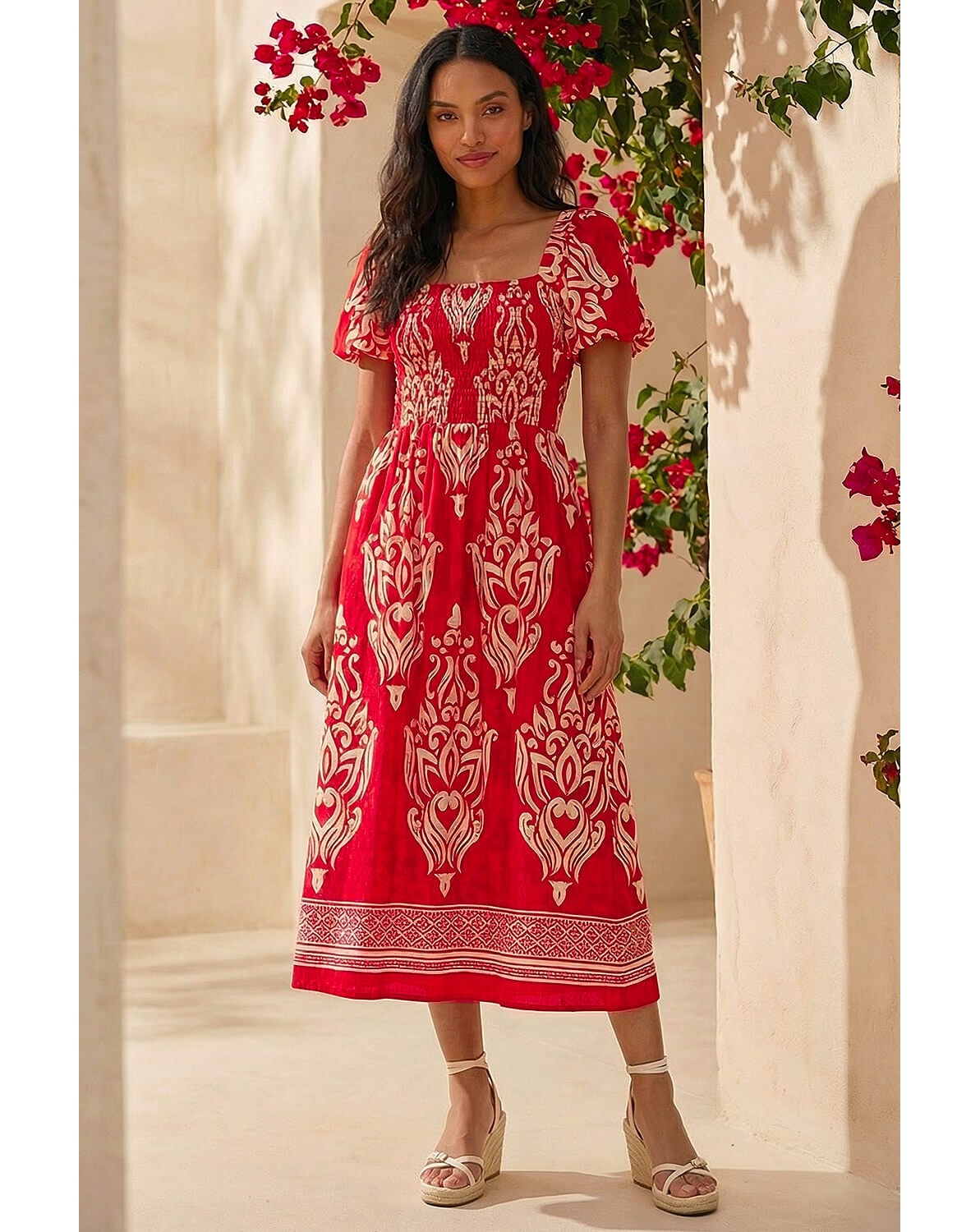 New In - Roman Abstract Print Shirred Midi Dress