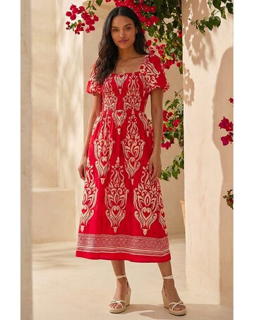Roman Abstract Print Shirred Midi Dress