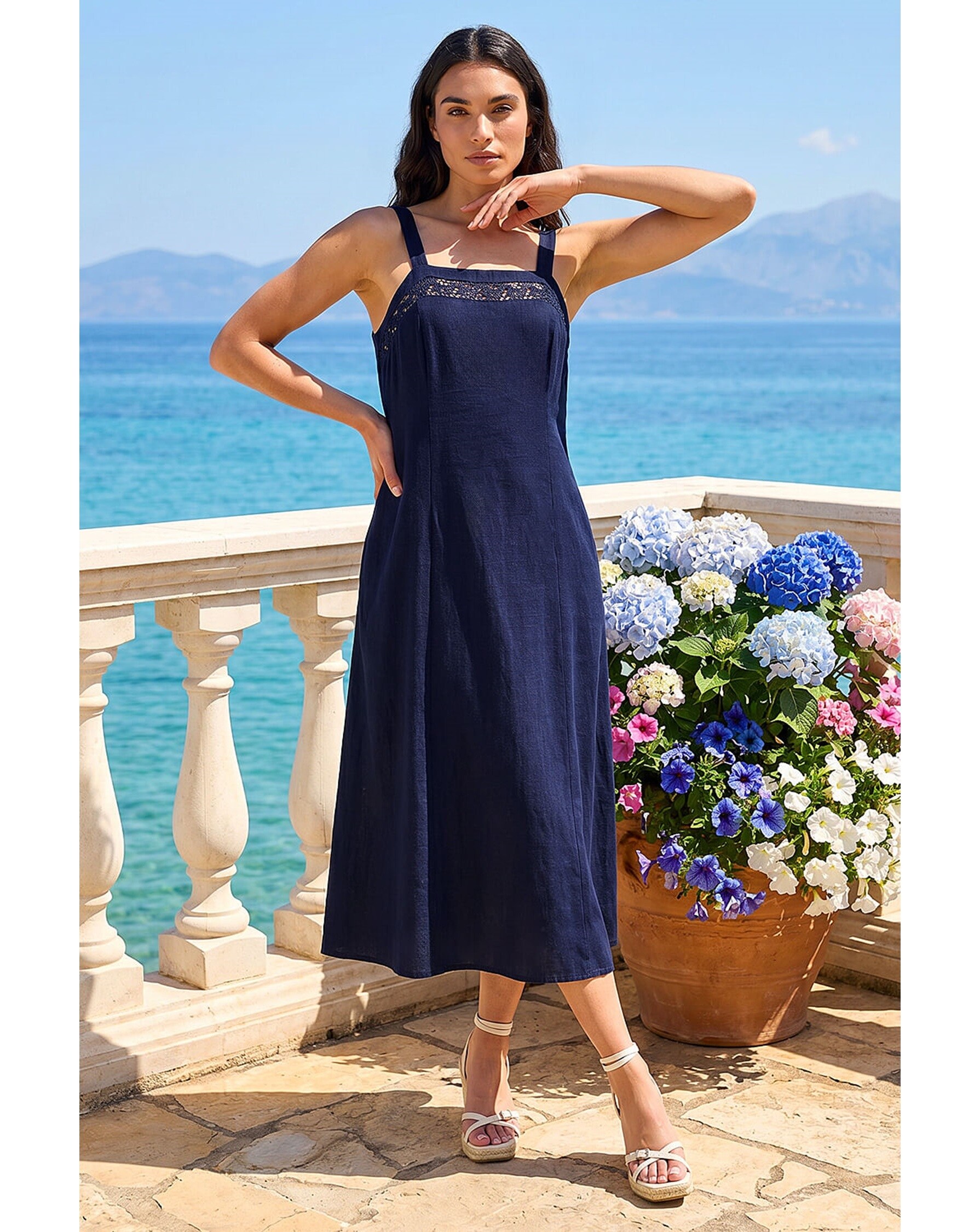 New In - Roman Linen Blend Lace Trim Midi Dress