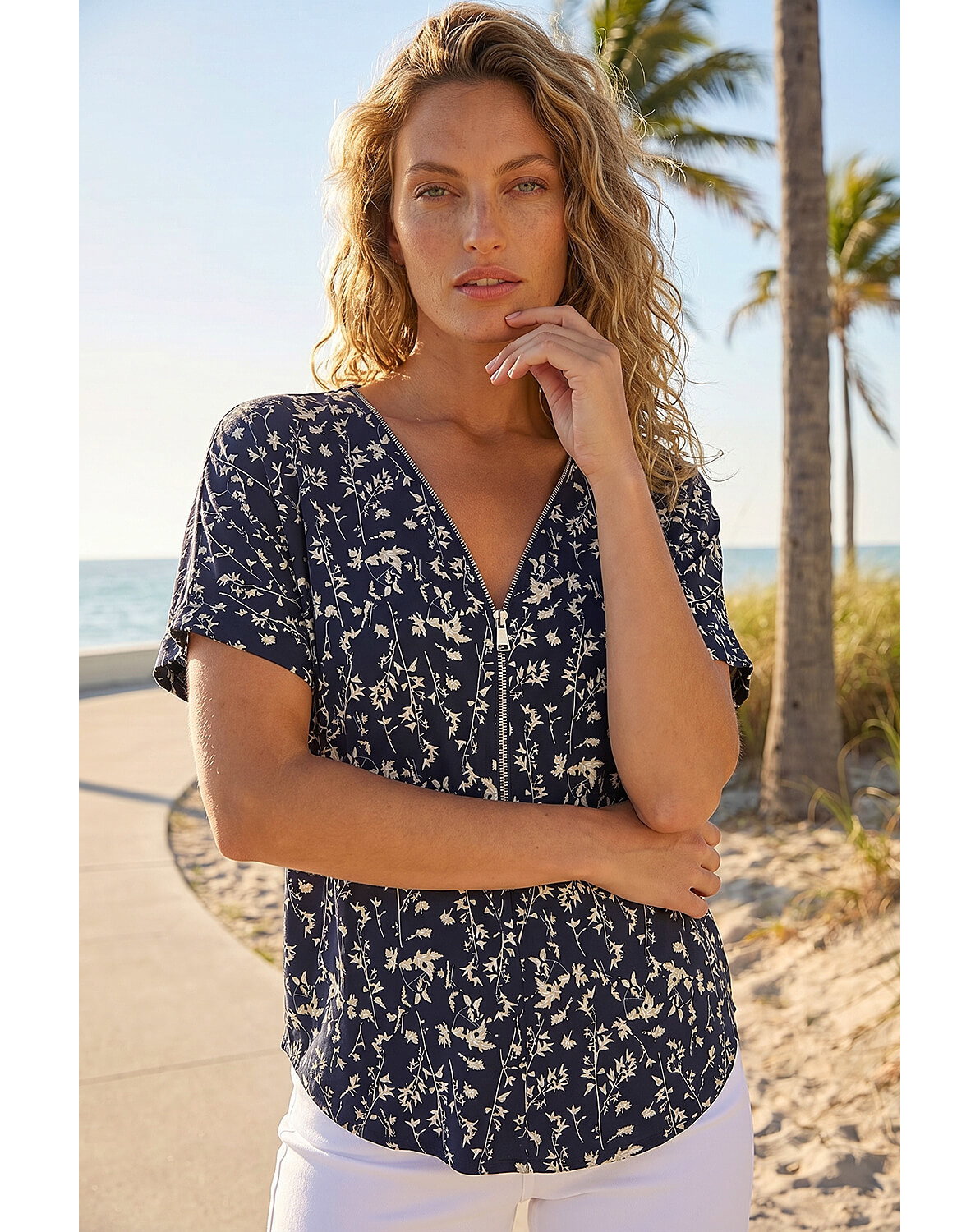 New In - Roman Floral Puff Print Zip Front Top