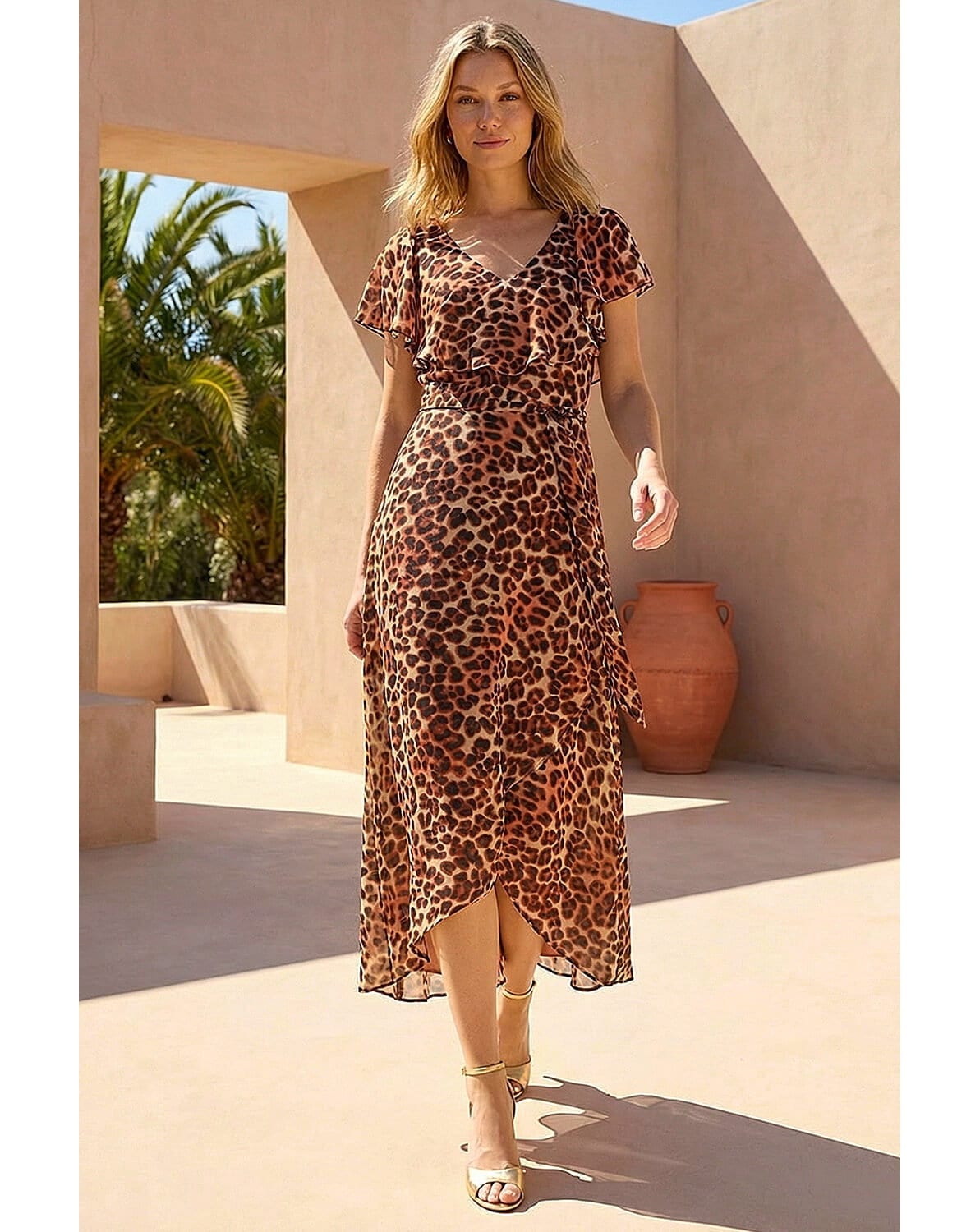 New In - Roman Animal Wrap Chiffon Midi Dress