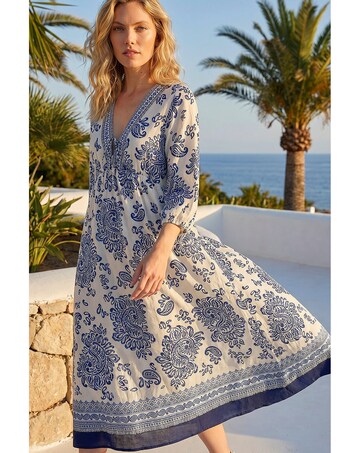 Roman Border Print V-Neck Midi Dress