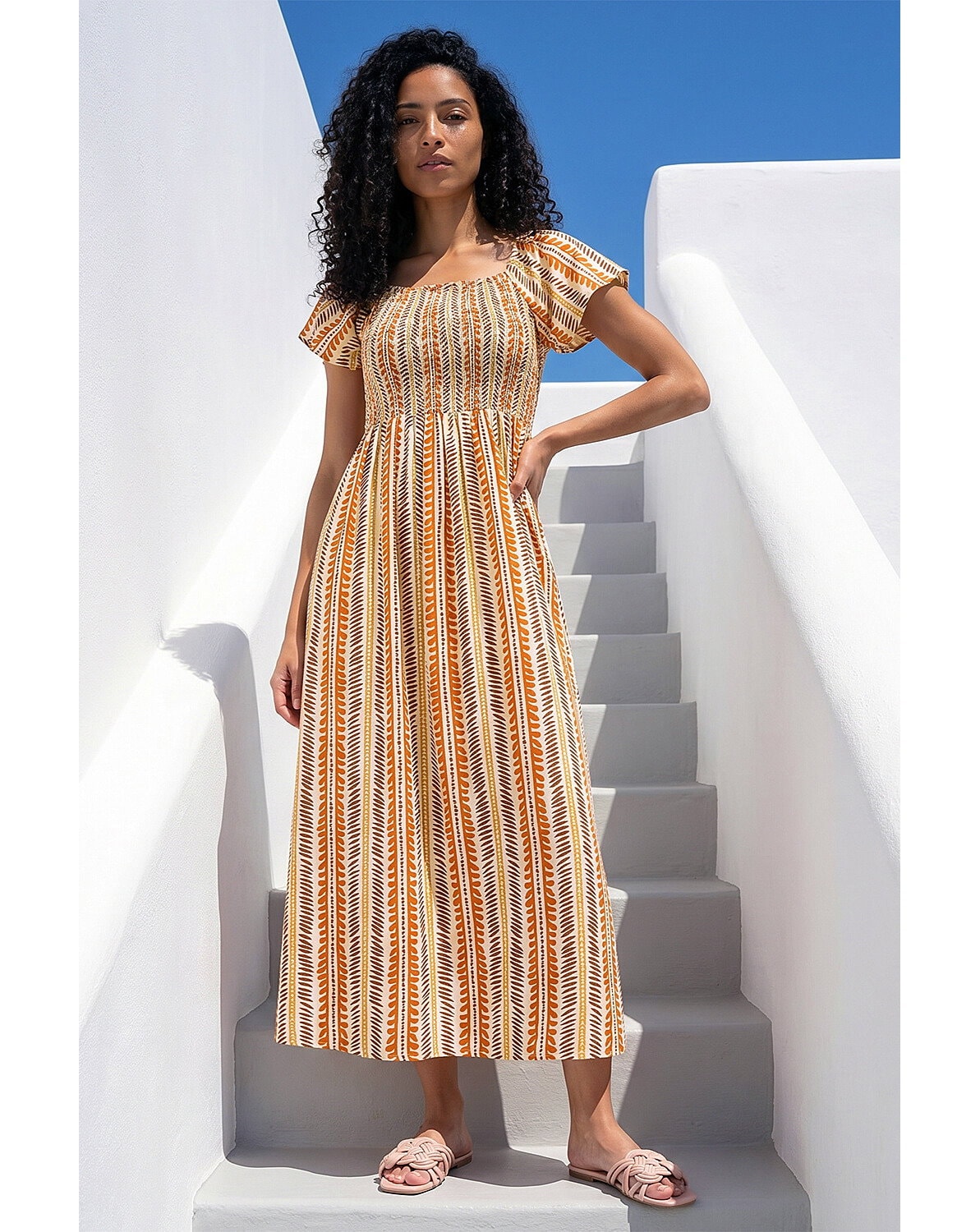 New In - Roman Abstract Stripe Shirred Midi Dress