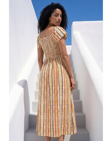 Roman Abstract Stripe Shirred Midi Dress