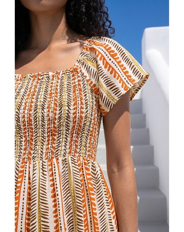 Roman Abstract Stripe Shirred Midi Dress