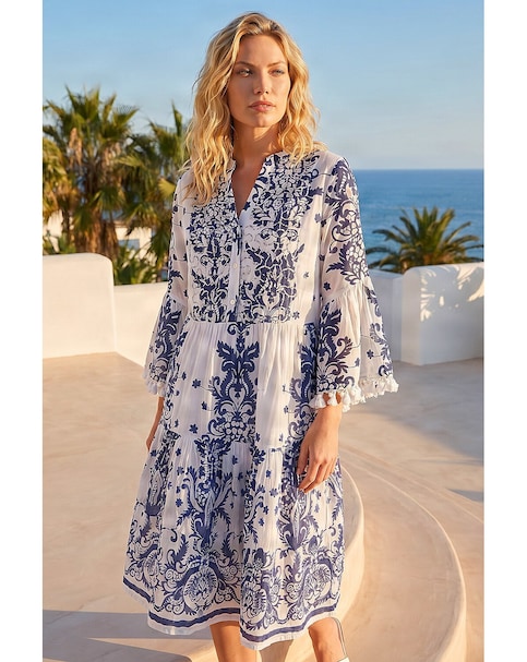 Roman Beaded Tassel Trim Smock Dress