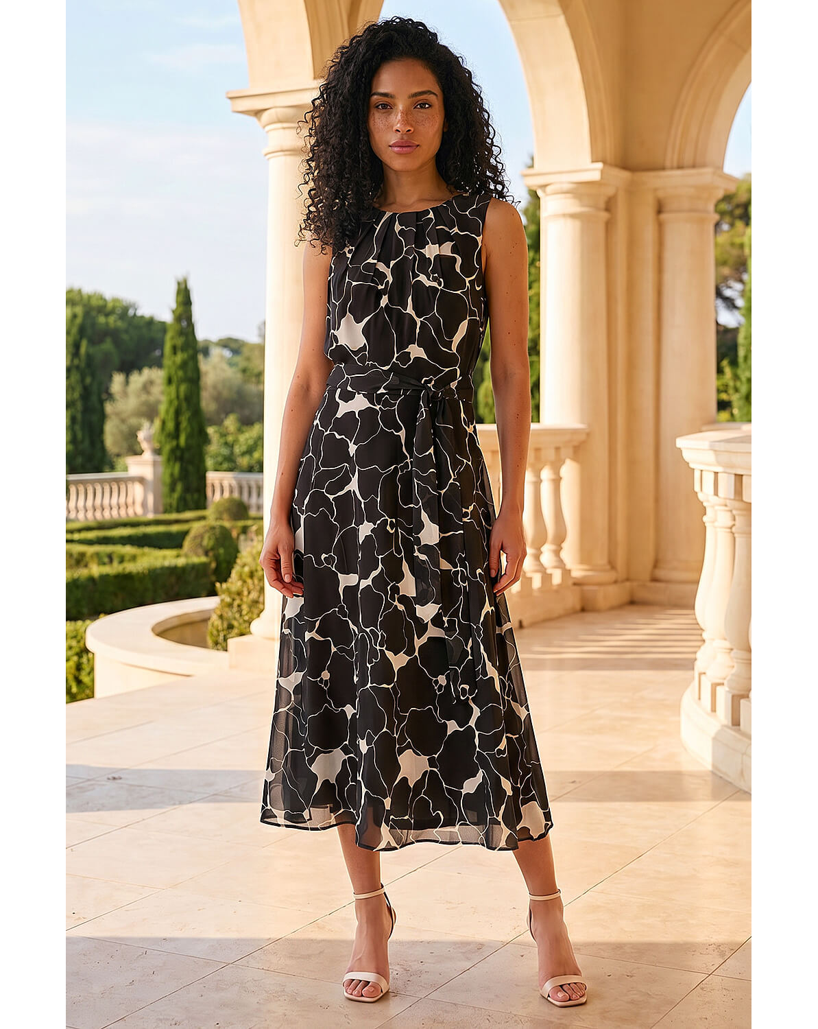 New In - Roman Chiffon Floral Pleat Neck Dress