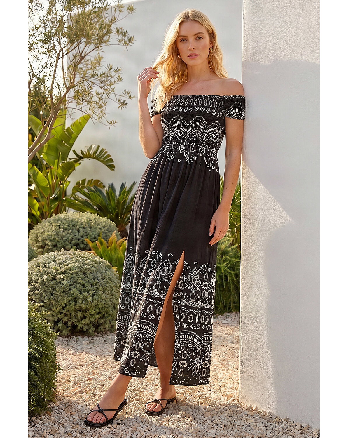 New In - Roman Border Bardot Shirred Midi Dress