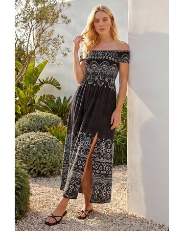 Roman Border Bardot Shirred Midi Dress