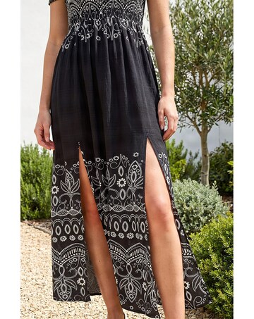 Roman Border Bardot Shirred Midi Dress
