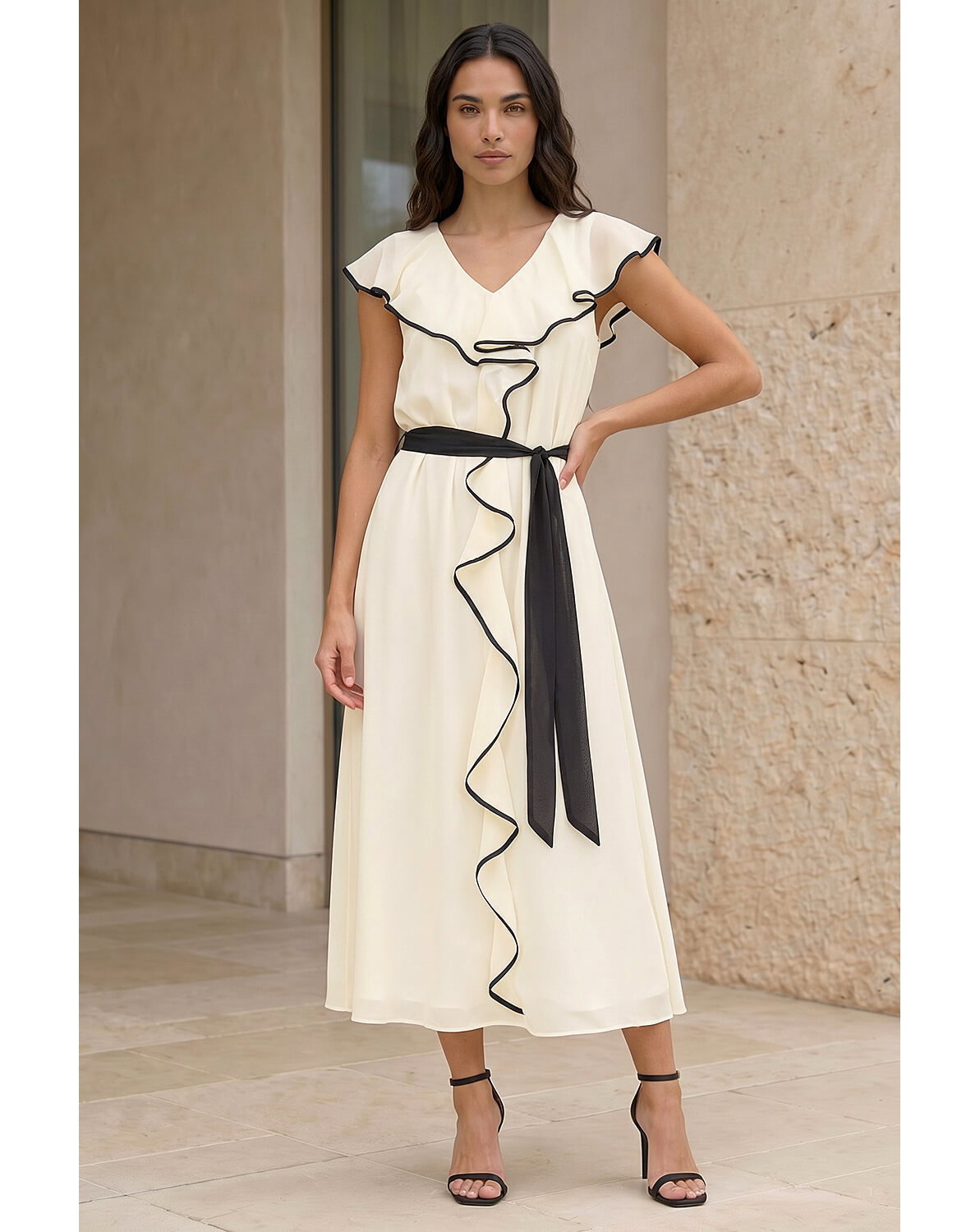 New In - Roman Frill Contrast Tipped Midi Dress