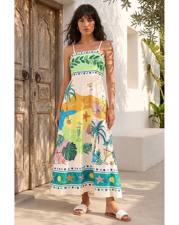 Roman Beach Print Strappy Midi Dress