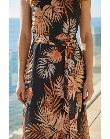 Roman Leaf Chiffon Pleat Neck Midi Dress