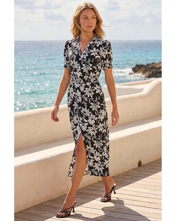 Roman Floral Shirred Collared Midi Dress