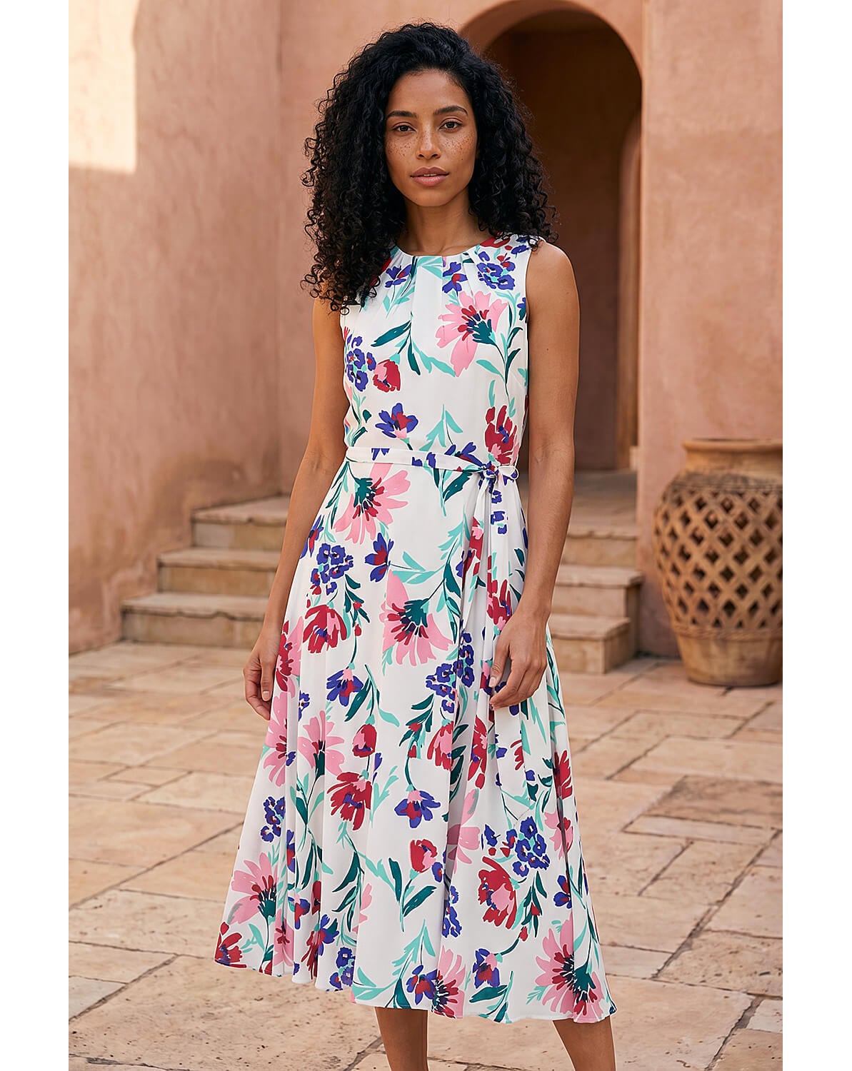 New In - Roman Pleat Neck Floral Midi Dress