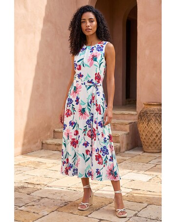 Roman Pleat Neck Floral Midi Dress