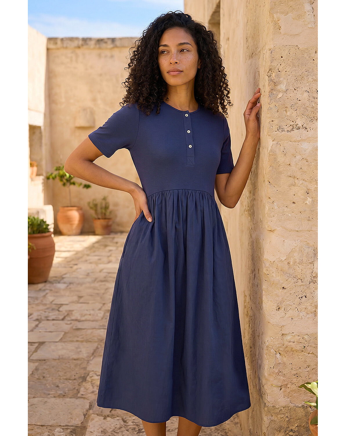 New In - Roman Buttoned Pocket Stretch Midi Dress