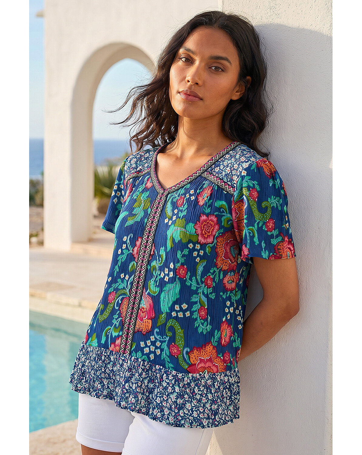 New In - Roman Floral Print Trim Detail Top