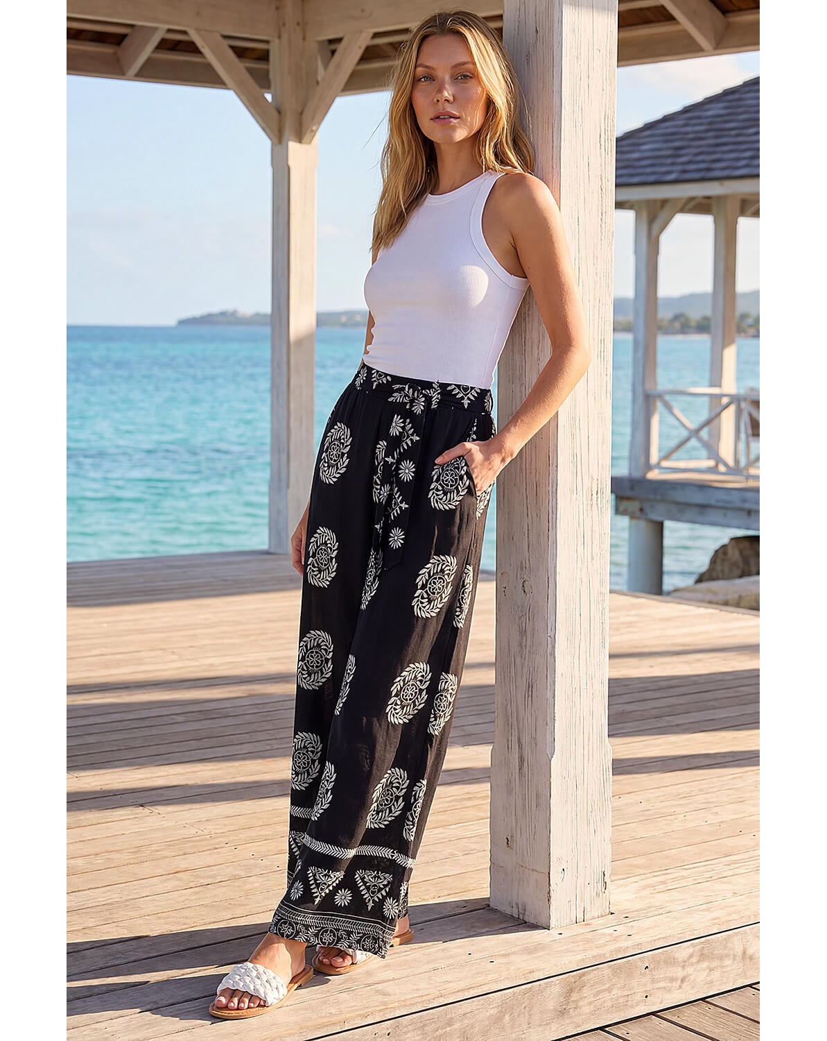 New In - Roman Mono Border Print Belted Trouser
