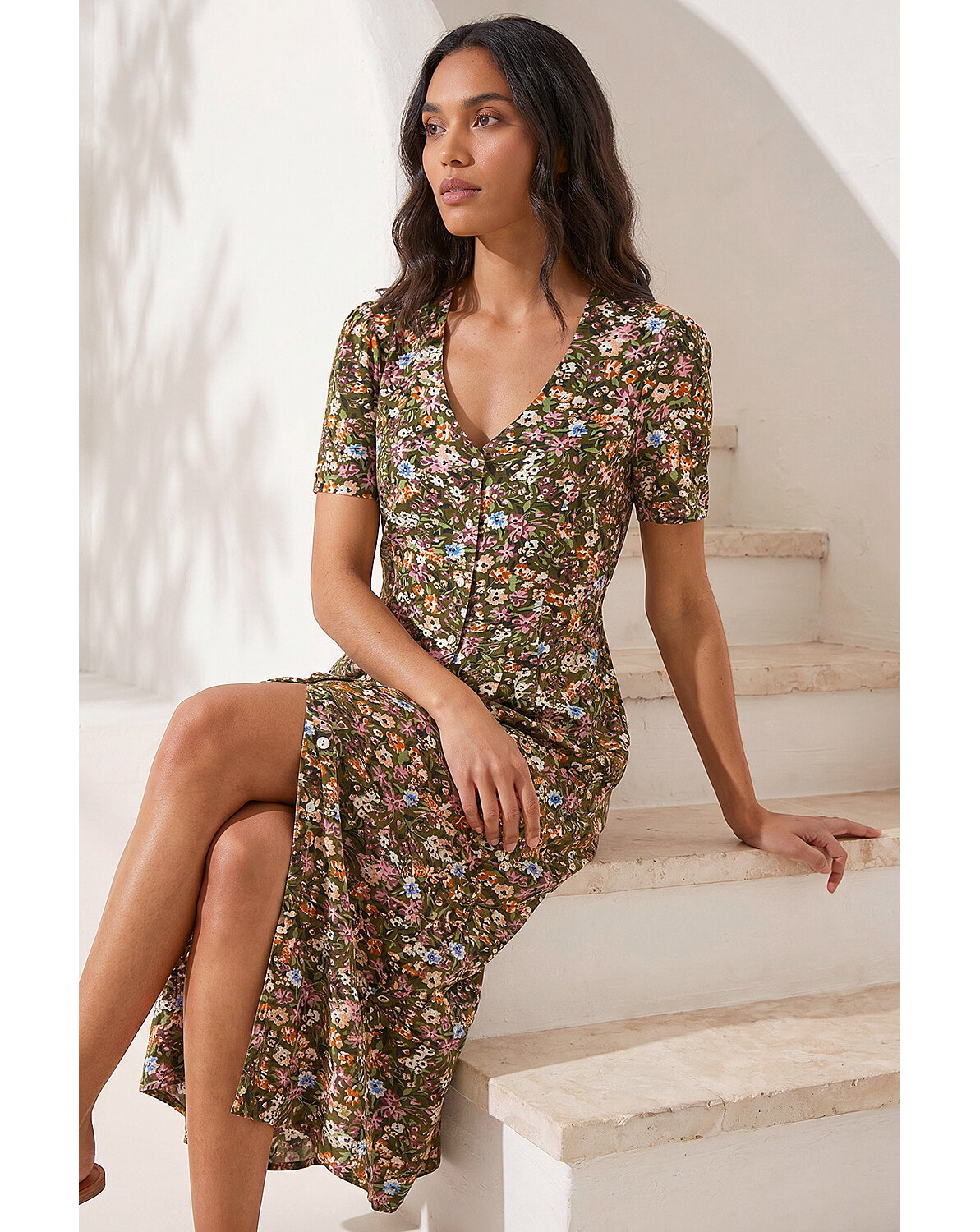 New In - Roman Floral Print Button Midi Dress