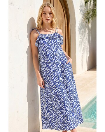 Roman Leaf Print Frill Midi Dress