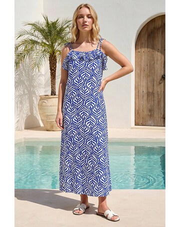 Roman Leaf Print Frill Midi Dress